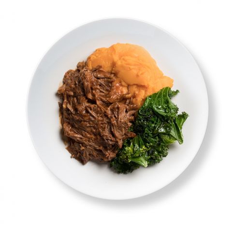 Texas BBQ Pulled Beef with Sweet Potato and Sautéed Kale