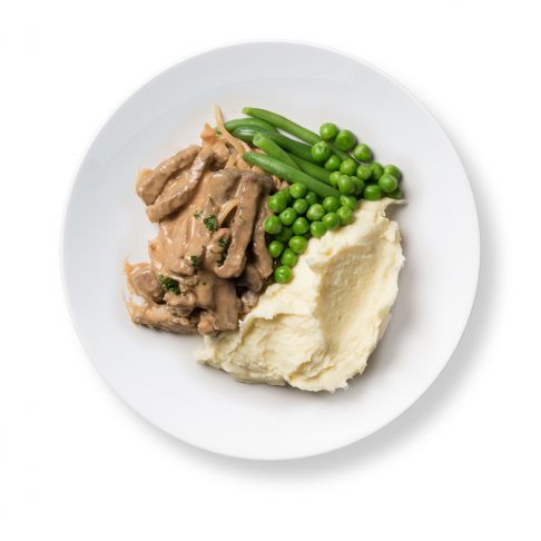 Beef Stroganoff with Mashed Potato and Greens